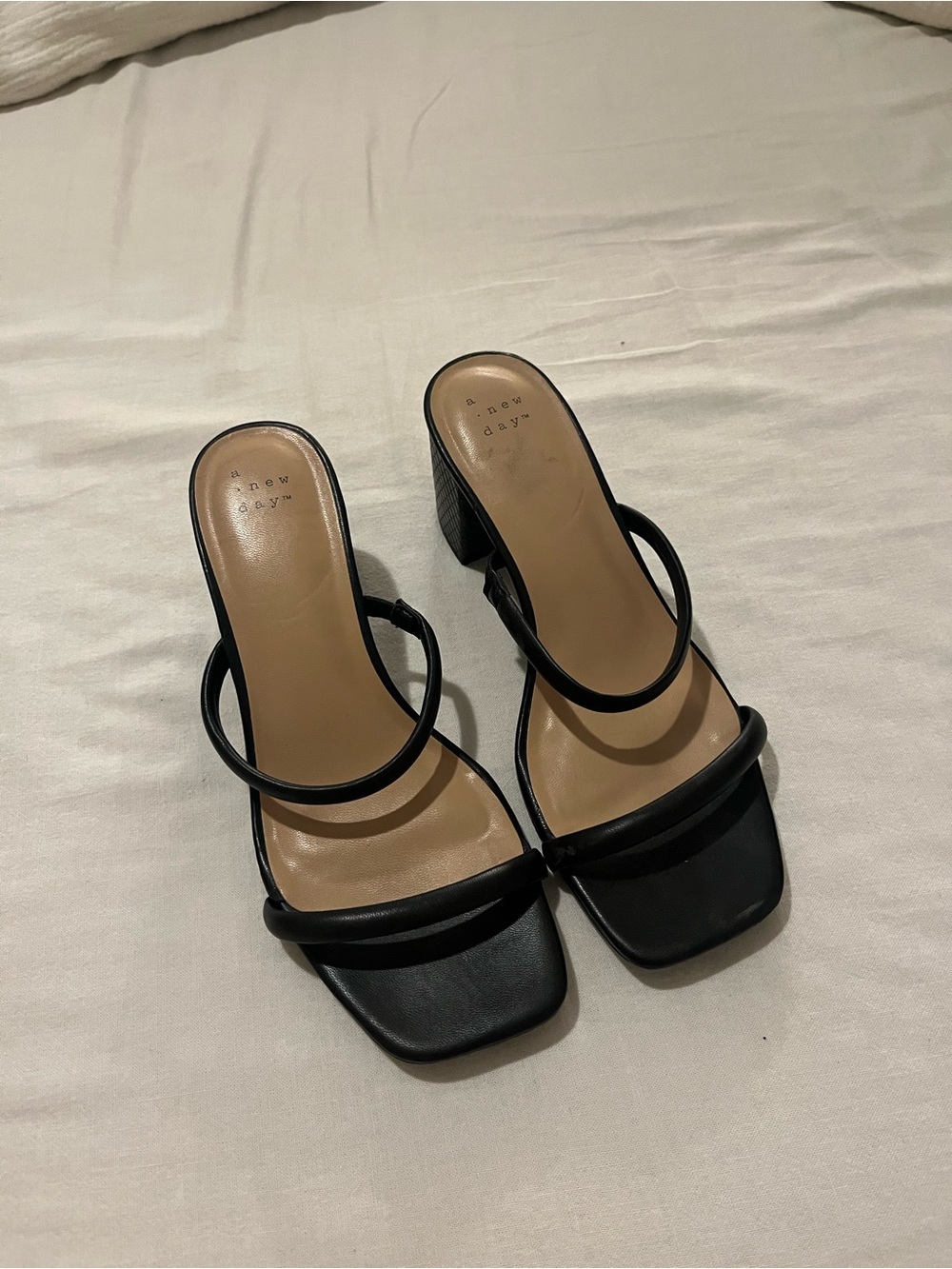 a new day Black Double-Strap Block Heel Sandals with Snakeskin Heel
